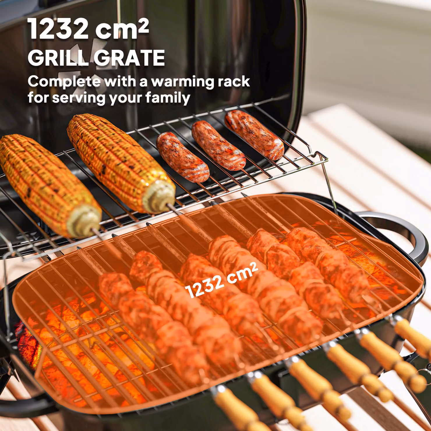 Outsunny Black Charcoal Kettle Barbecue Grill with 1232 cm² Cooking Area, Thermometer and Warming Rack – 4