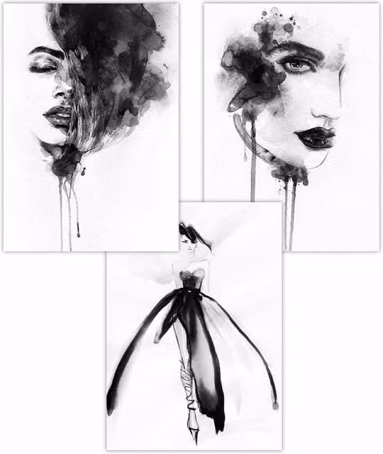 ARTZE Set of 3 Abstract Watercolour Fashion Faces Art Posters in Black and White, W: 59 cm, H: 84 cm