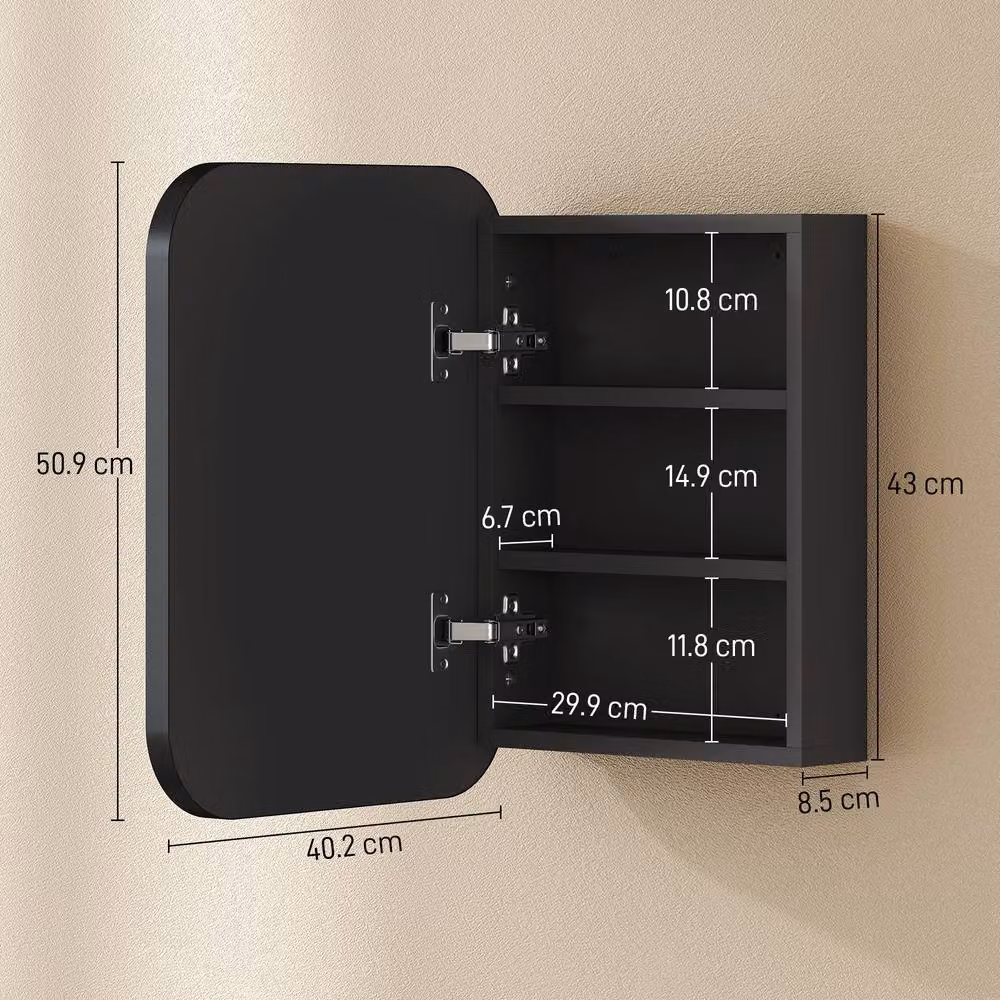 HOMCOM Modern Wall Mounted Black Bathroom Cabinet with Glass Hinged Soft Close Doors and Internal Shelves – 2