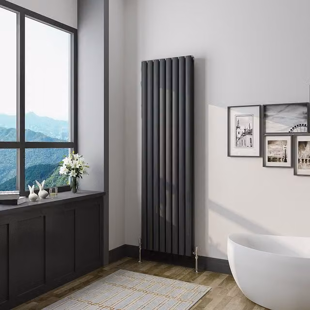 AicaBathroom Vertical Oval Column Radiator in Black, H: 160 cm, W: 47.2 cm, D: 47.2 cm