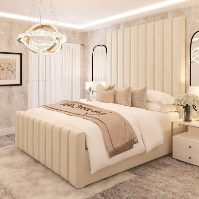 Bed Choices Kensington Luxury Panelled Ottoman Bed Frame with Gas Lift Storage in Beige, Size: Double (140 x 200 cm)