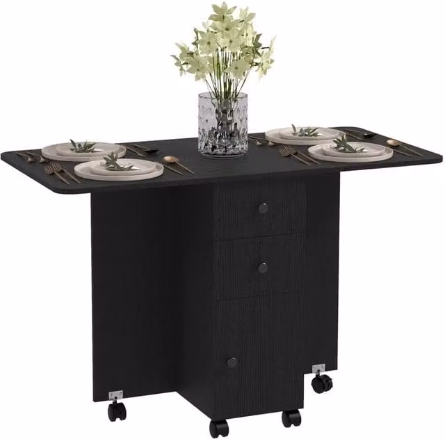 Ventryn Black Folding Butterfly Leaf Dining Table with Castors, W/D/H: 120 x 78 x 60 cm – 1