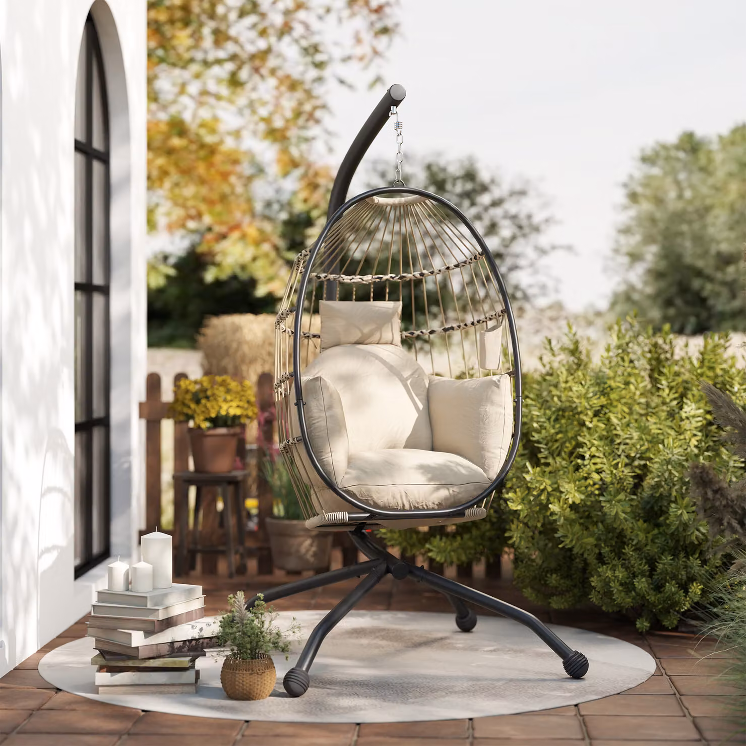 Outsunny Hanging Egg Chair with Stand and Cushions in Beige – 7