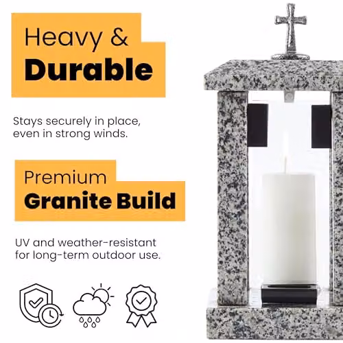 NOVECRAFTO Large Square Granite Memorial Lantern with Cross in Grey, H 32 cm – 6