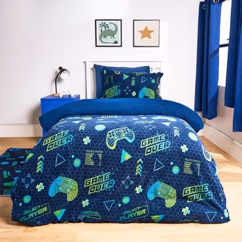 OHS Reversible Gaming Fleece Duvet Cover and Pillowcase Set, Blue and Green, W/D/H: 200 x 200 cm – 1