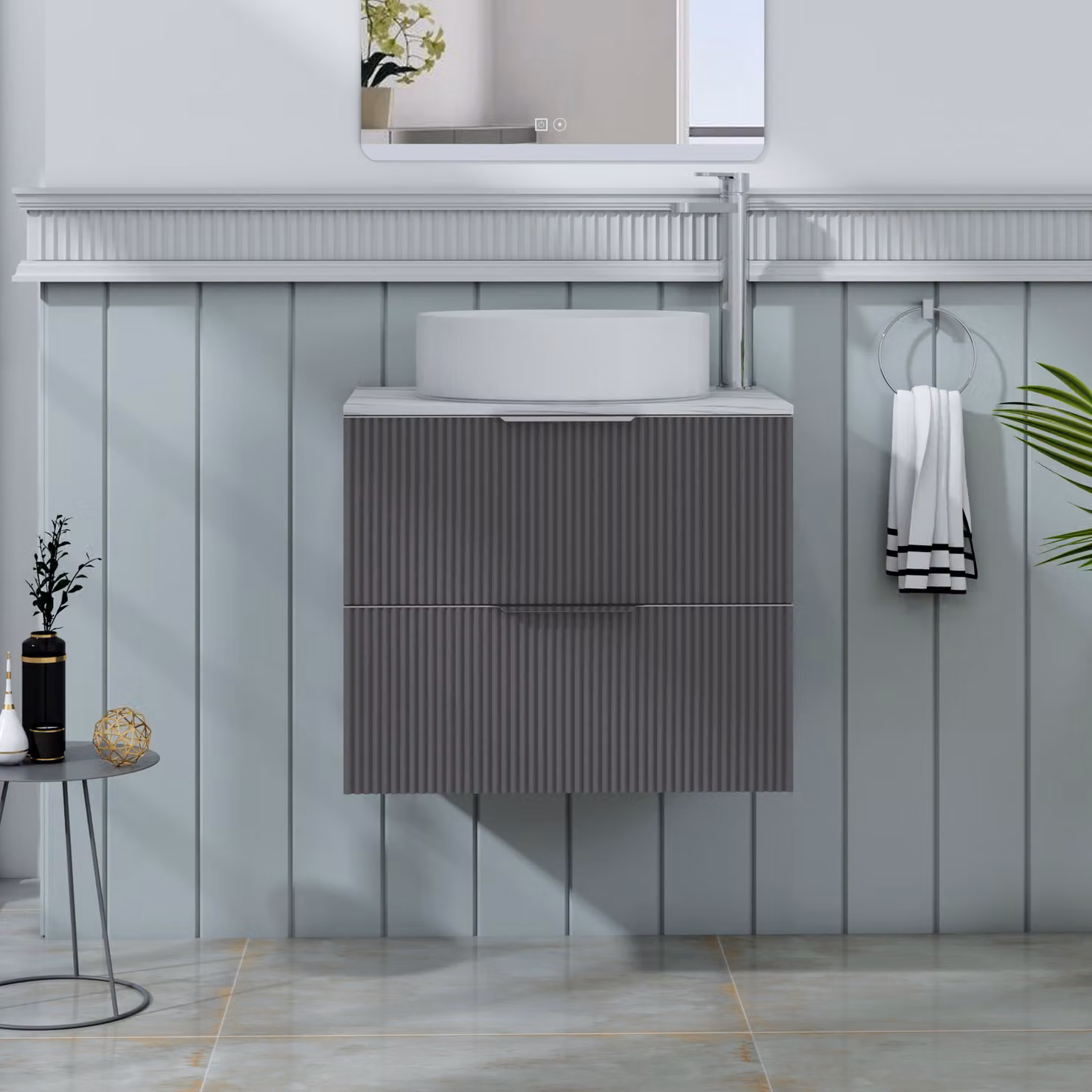 Royal Bathrooms Evora 600mm Graphite Grey Fluted Wall Hung Vanity Unit with 2 Drawers and Art Basin