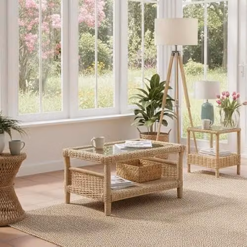 Desser Arlington Wicker Coffee Table with Glass Top and Storage Shelf in Brown and Beige, H48cm x W88cm x D57cm – 2