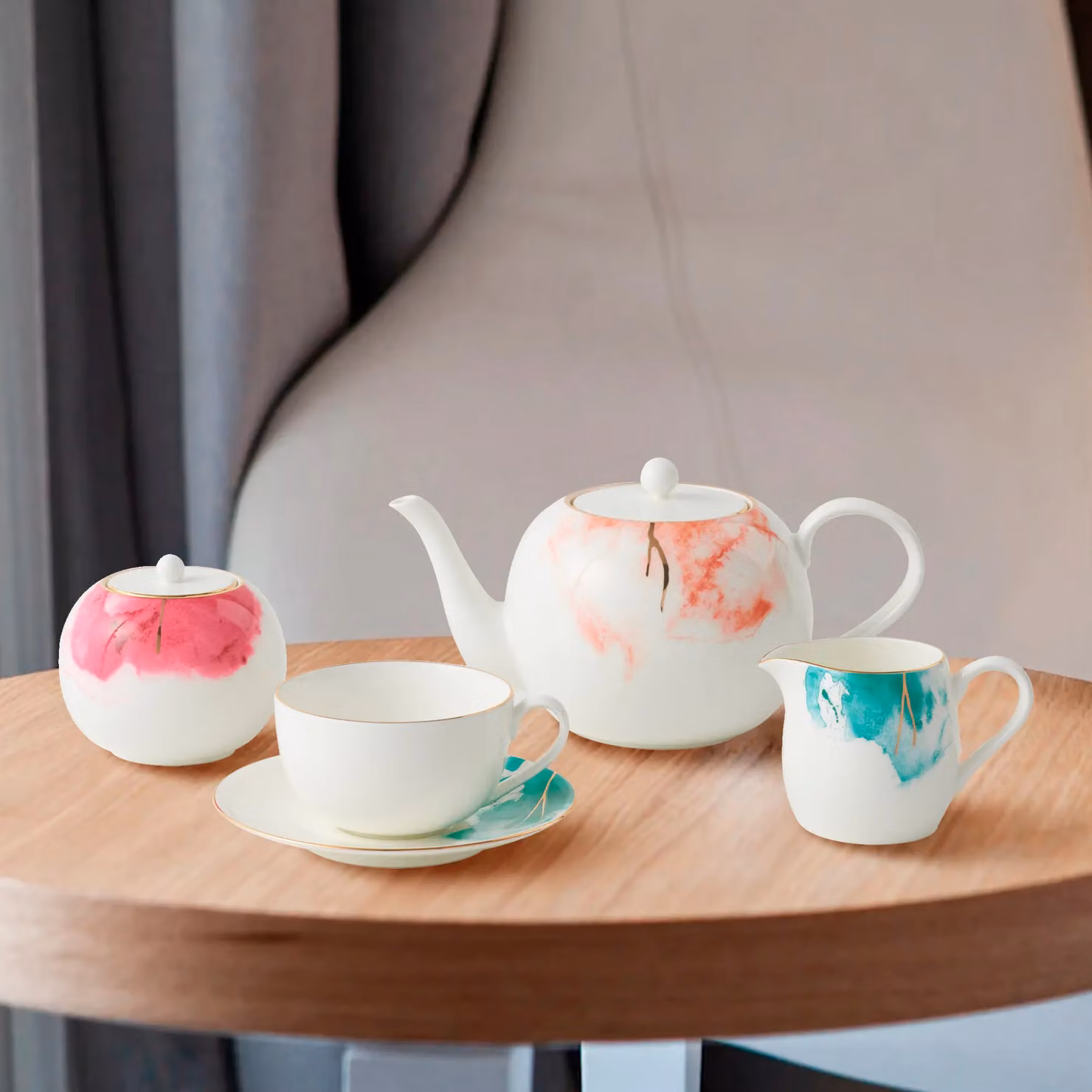 1888 Collection London Boutique Premium Porcelain Cream and Sugar Set with Jug and Pot in White, Silver and Multicolour Ceramic – 1