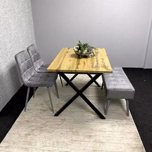 KOSY KOALA Modern Dining Table Set with Padded Bench and 2 Grey Velvet Chairs, Brown Wood Effect Tabletop and X-Shaped Metal Legs – 2