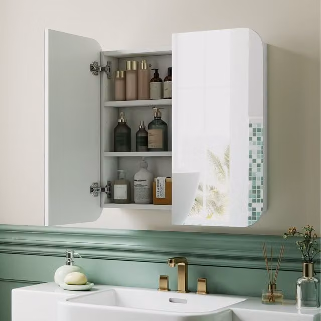 HOMCOM Wall Mounted Arched Bathroom Mirror Cabinet with Hinged Doors and Internal Shelves, White and Silver