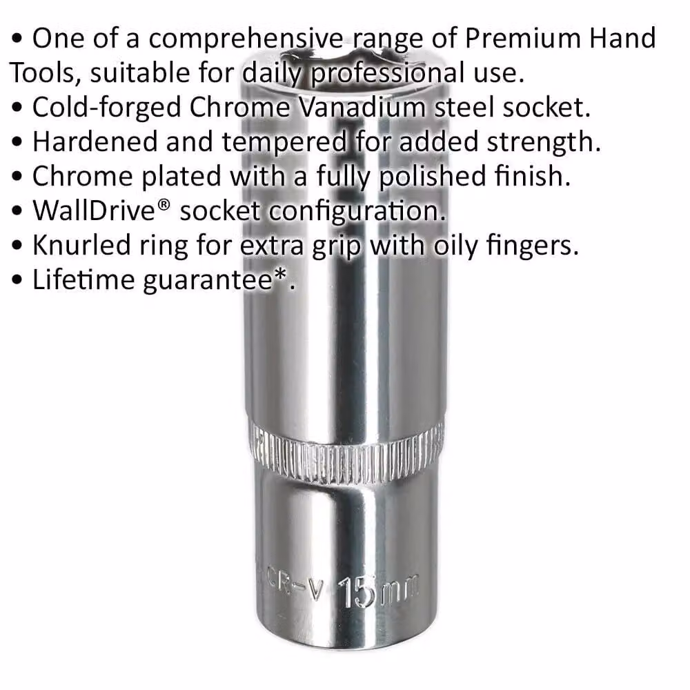Loops 15mm Deep Drive Socket 3/8 inch Square Drive Forged Chrome Vanadium Steel in Silver – 2