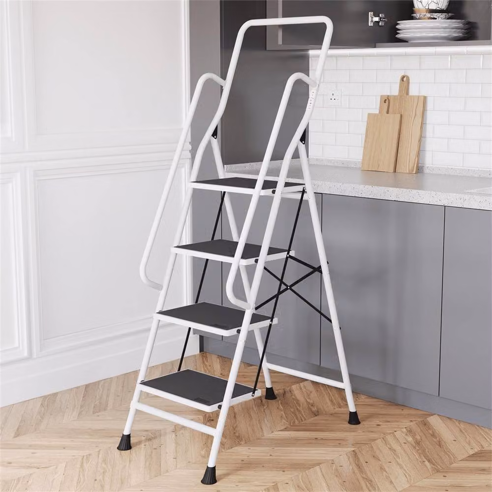 PAWNORA 4 Step Folding Portable Compact Ladder with Handrail in White – 5