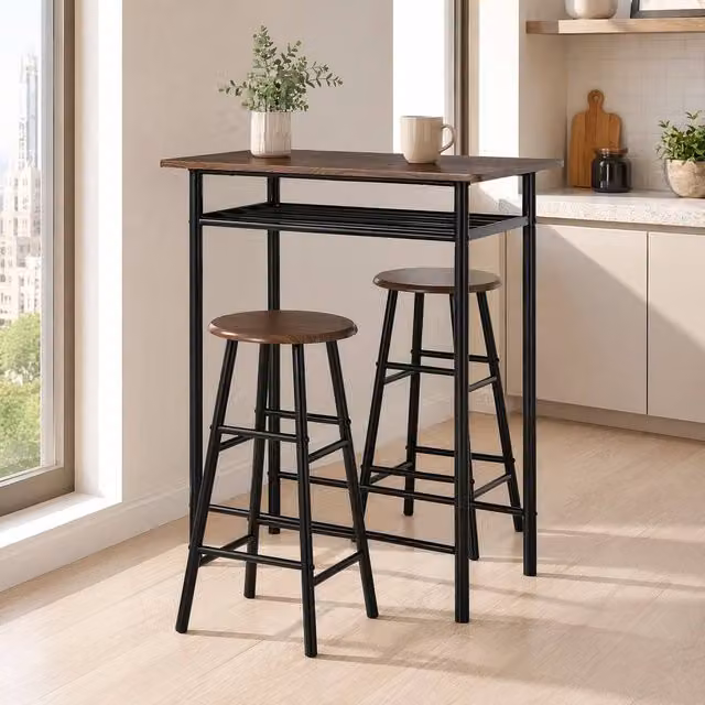 STILVORA Modern Bar Table and Chairs Set with Storage Shelf in Black – 1