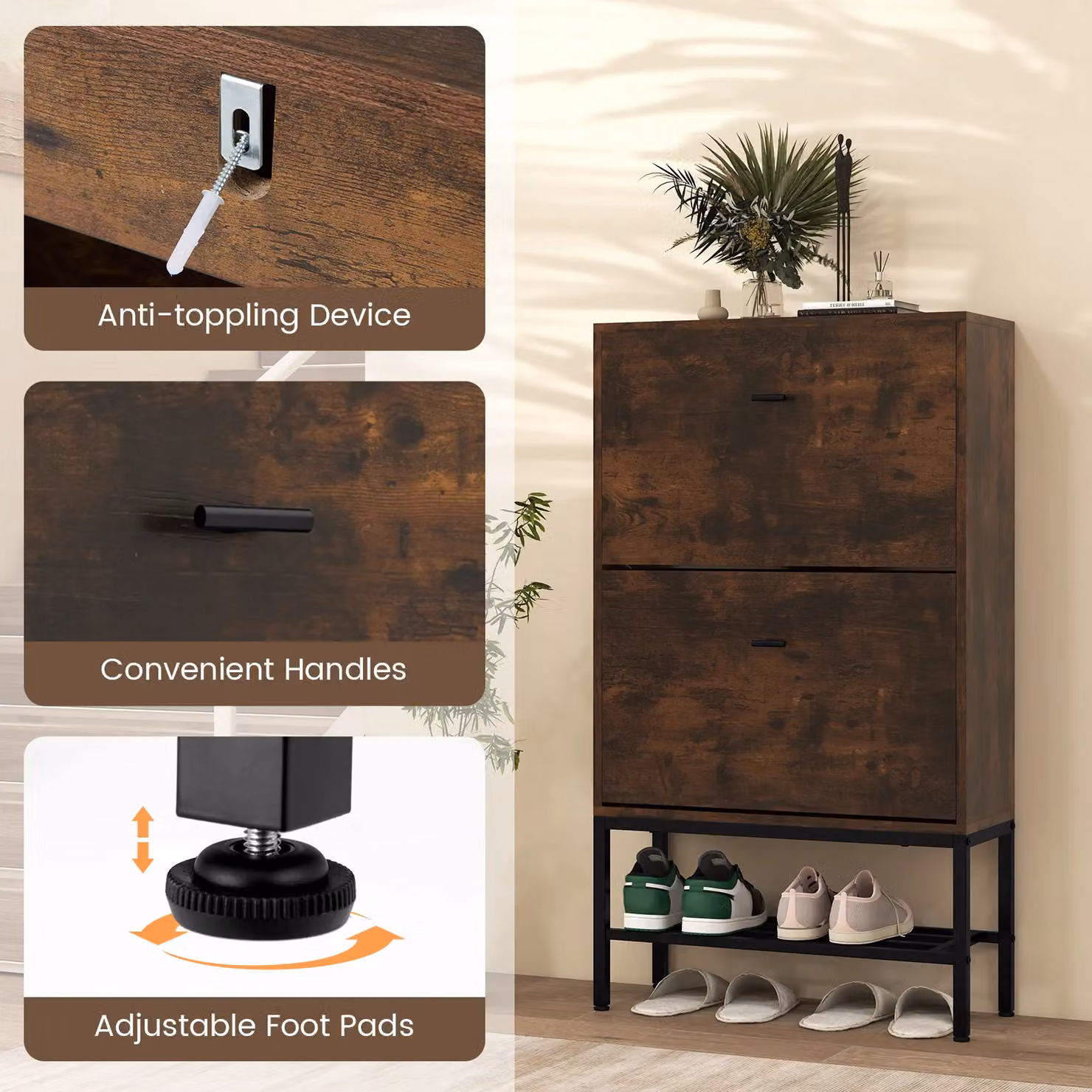 Gymax Freestanding Industrial Shoe Cabinet in Brown with 2 Tilting Drawers and Metal Shelf – 5