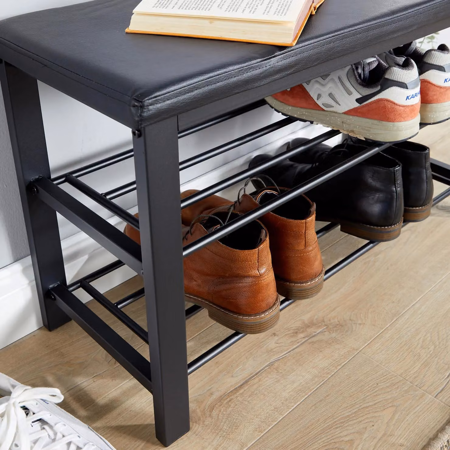 Home Source Metal Shoe Bench with Storage Shelves in Black and Grey – 3