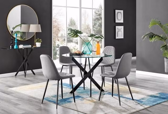 FurnitureboxUK Novara Round Glass Dining Table and 4 Corona Faux Leather Chairs in Grey with Black Legs