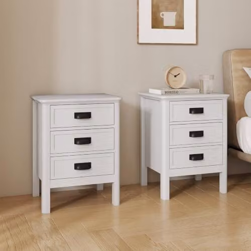 Melody Maison Lawrence Pair of 3 Drawer Bedside Tables in White and Ivory, W/D/H: 38 x 32 x 61.5 cm