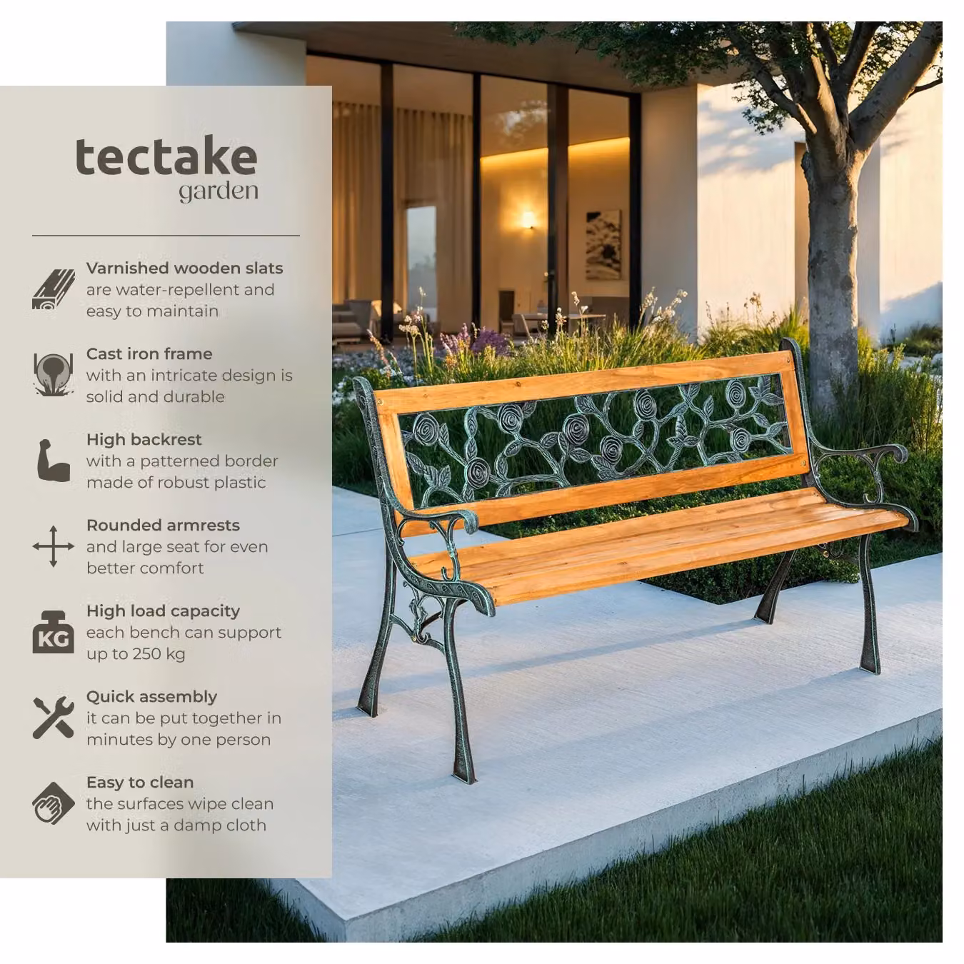 tectake Marina 2 Seater Garden Bench in Brown with Vintage Wood and Metal Design – 2
