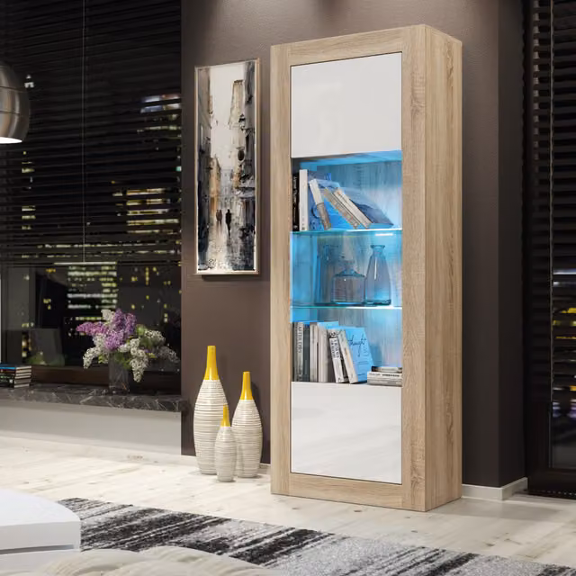 Creative Furniture Illume Modern Display Cabinet in Oak and White with Glass Doors and Integrated Lighting, H: 170 cm, W: 63 cm, D: 35 cm