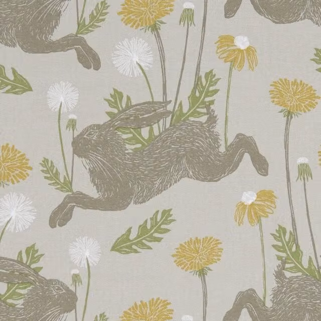 Clarke & Clarke March Hare Floral Cotton and Linen Fabric in Grey, Yellow and Beige