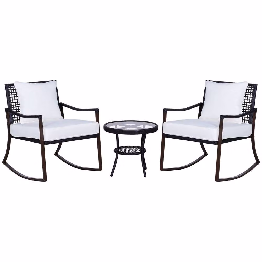 Wyld Haus Madile 3 Piece Rattan Bistro Set with Rocking Chairs and Round Glass Coffee Table in Brown – 2