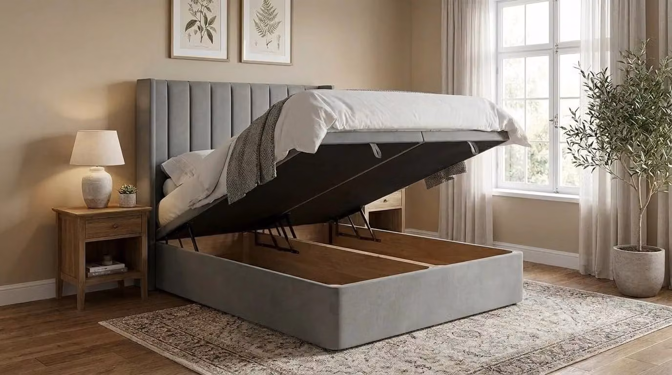 Beds NK Ltd Wing Panelled Upholstered Divan Bed with Lift Up Base in Grey Fabric