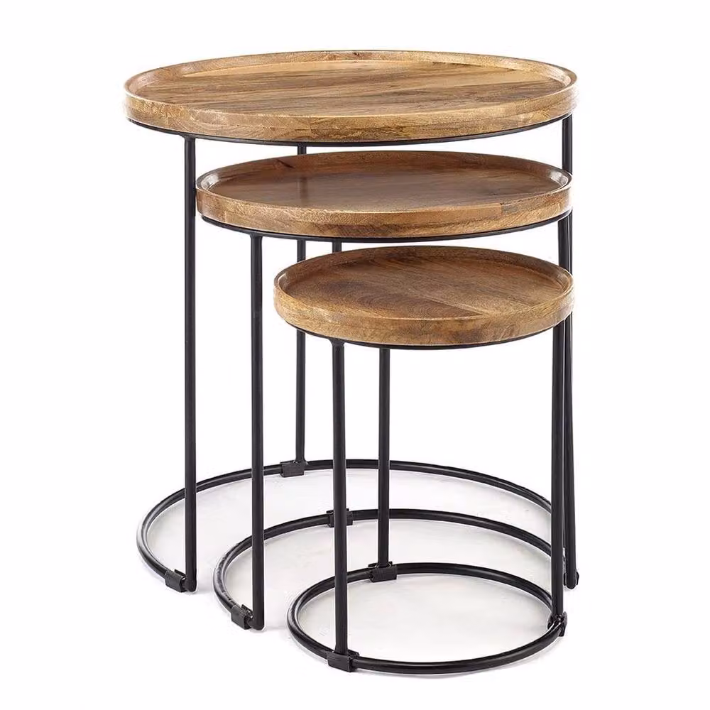 FORGEVIO Nest of 3 Round Solid Wood Side Tables in Brown – 3