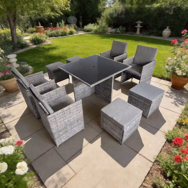 FURNITURE ONE Cube 9 Piece Grey Polyrattan Garden Dining Set with Glass Table and Cushions