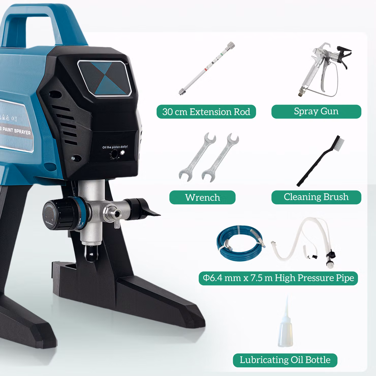 HOMCOM Airless Paint Sprayer in Blue, 200 Bar Electric Wall Paint Spray Gun with 7.5 m Hose and Extension Lance, 1.5 l/min Flow Rate – 7