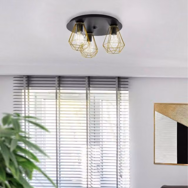 Eglo Tarbes 2 Geometric Caged 3-Light Ceiling Light in Black and Brass with Yellow Accents