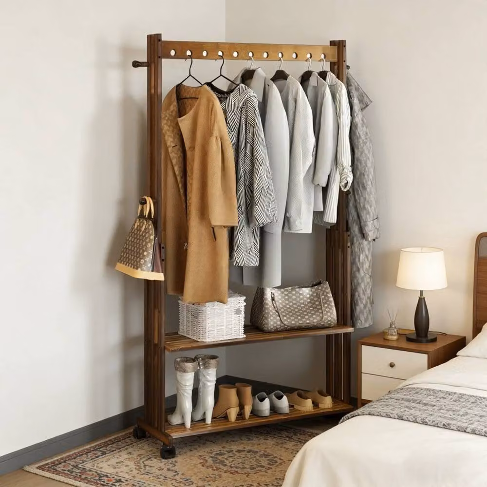 KORVIXA Rustic Brown Solid Wood Clothes Rail with Dual Hook and Rail Matrix – 4