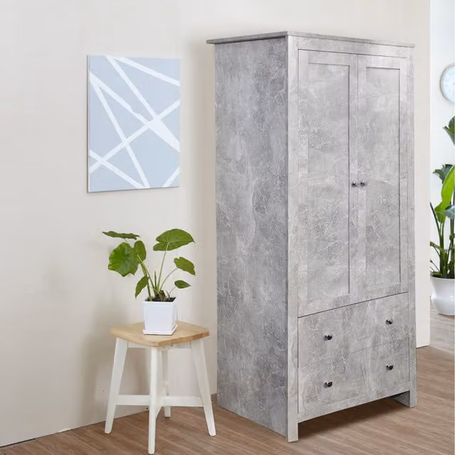 Kosy Koala Modern Grey Wooden 2 Door Wardrobe with 2 Internal Drawers and Hanging Rod