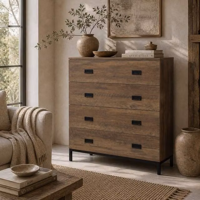 Wyld Haus Paleba Romi 4 Drawer Chest in Brown Wood Effect with Black Steel Frame