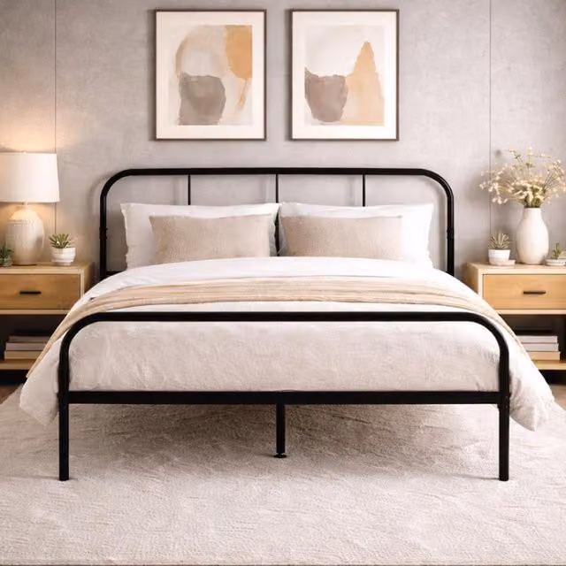 House Of Home Black Metal Double Bed Frame with Rounded Headboard, W/D/H: 198 x 140 x 89 cm