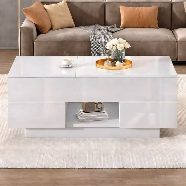 Rolipo Smart Lift Top Coffee Table with LED Lights and Drawers in White Glossy Finish