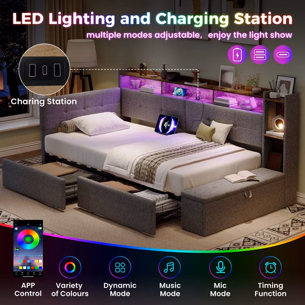 ModernLuxe Single Daybed in Grey with LED Under-Bed Lighting, USB Charging Port and Ottoman Storage Bench, W/D/H: 200 x 100 x 108 cm – 4