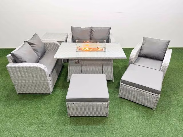 Fimous Grey Poly Rattan Garden Furniture Set with High Back Reclining Chair, Loveseat Sofa, Firepit Dining Table and 2 Stools