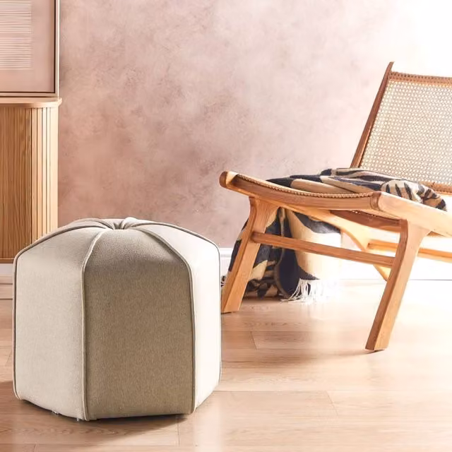 Wyld and Coco Beige Faux Linen Cylindrical Pouffe Footstool W/D/H: 45 x 45 x 40 cm
