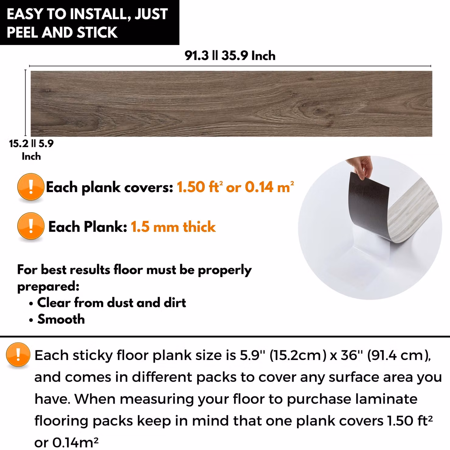 Novecrafto Self Adhesive Wood Look Vinyl Floor Planks, 7 Pack, Brown, W: 91.4 cm, D: 15.2 cm – 3