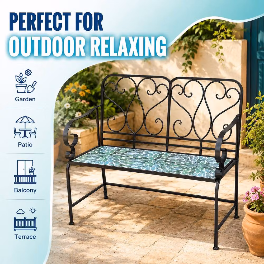 SHATCHI Leaf Mosaic 2 Seater Garden Bench with Metal and Ceramic Tile Seat in Multicolour Green – 5