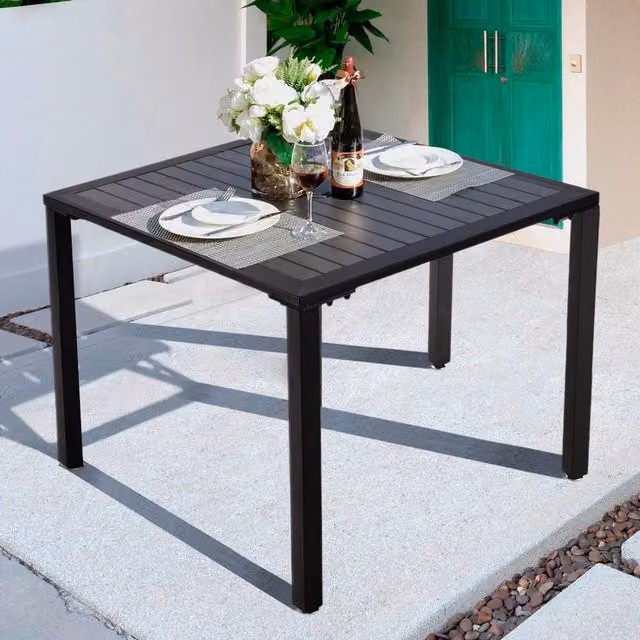 Livingandhome Modern Square Outdoor Dining Table with Parasol Hole in Grey and Black Composite and Metal
