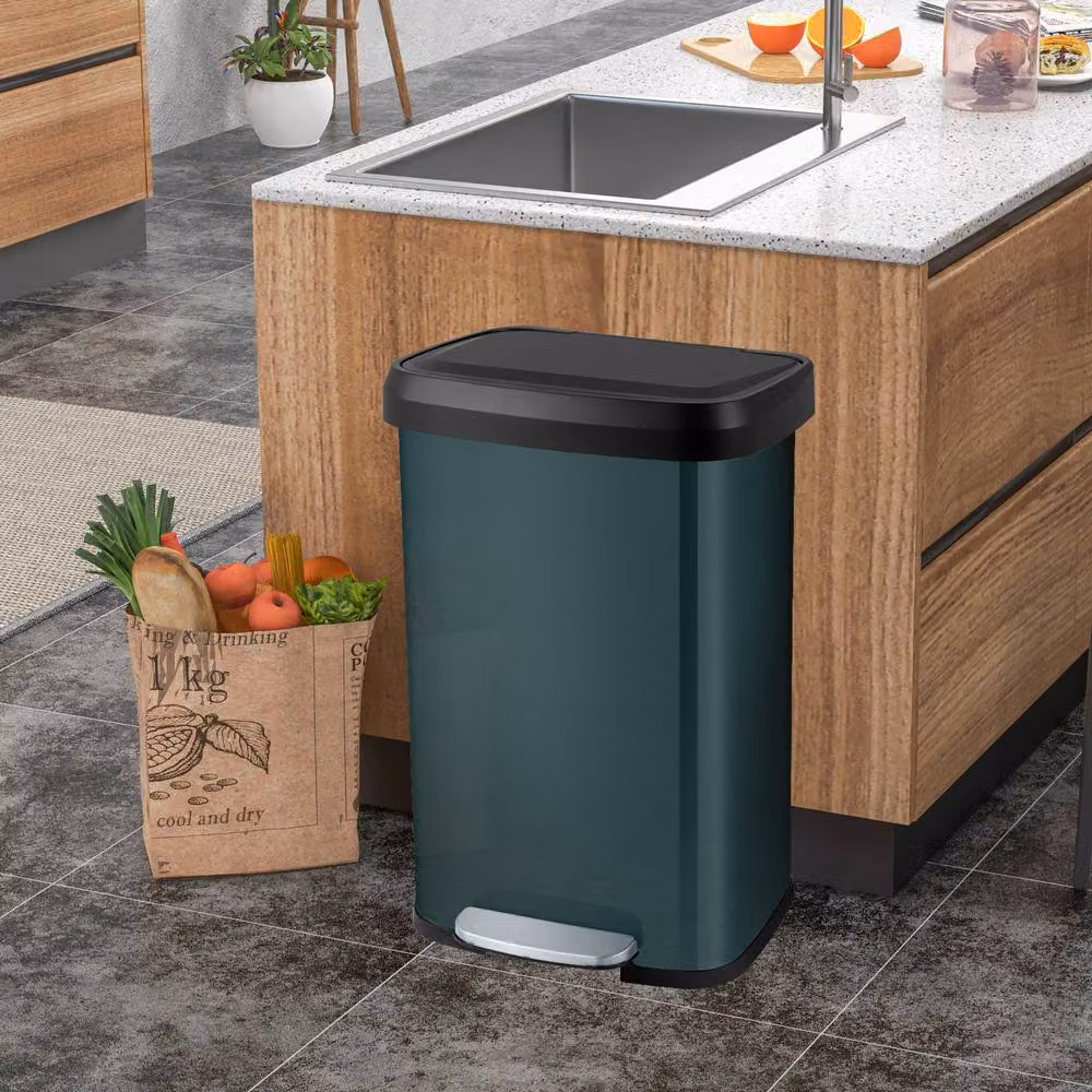 Gymax 50L Stainless Steel Corner Step Trash Can with Soft Close and Odour Filter in Dark Green – 3