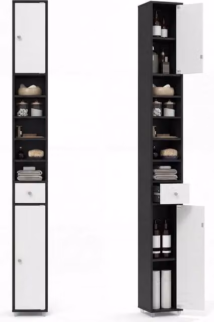 Havendro Tall Slim Bathroom Cabinet with 2 Hinged Doors and 5 Adjustable Shelves, Multicolour, Height: 180 cm
