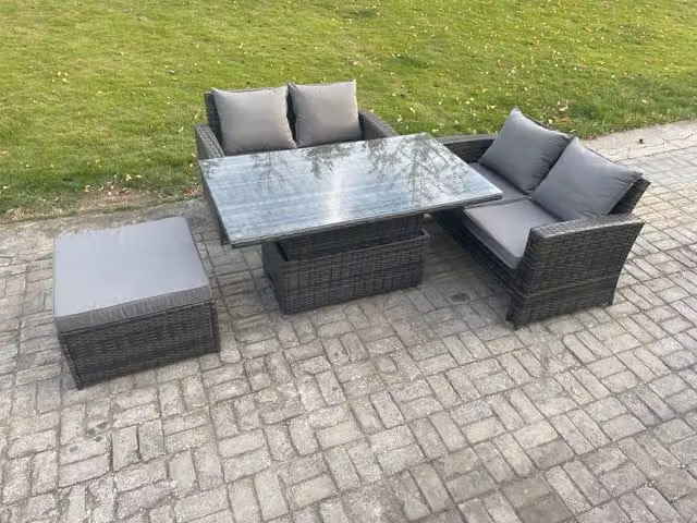 Fimous 4 Piece Rattan Garden Furniture Set with Height Adjustable Dining Table in Dark Grey