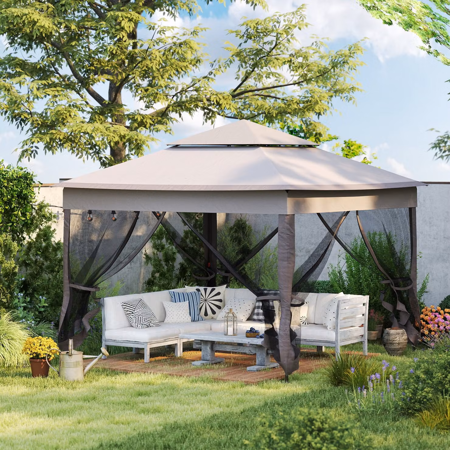 Outsunny Pop Up Gazebo with Sides and Netting, Light Grey Metal Frame Double-Roof Garden Tent, W x D: 300 x 300 cm – 2
