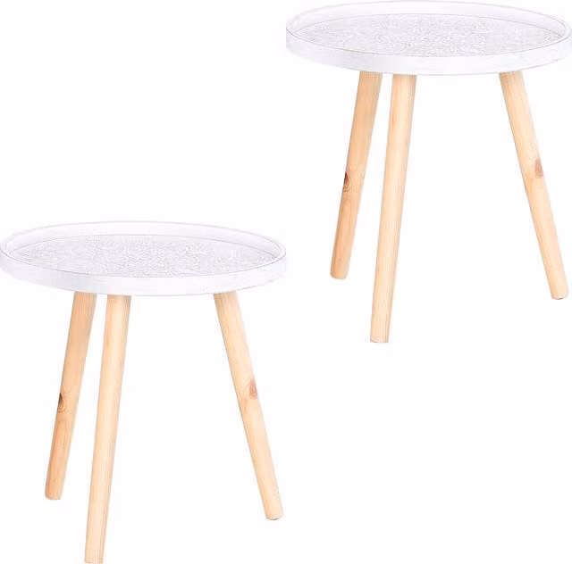 HOMCOM Set of 2 Modern Round Floral Coffee Tables with Tray Tops and Wooden Legs, White