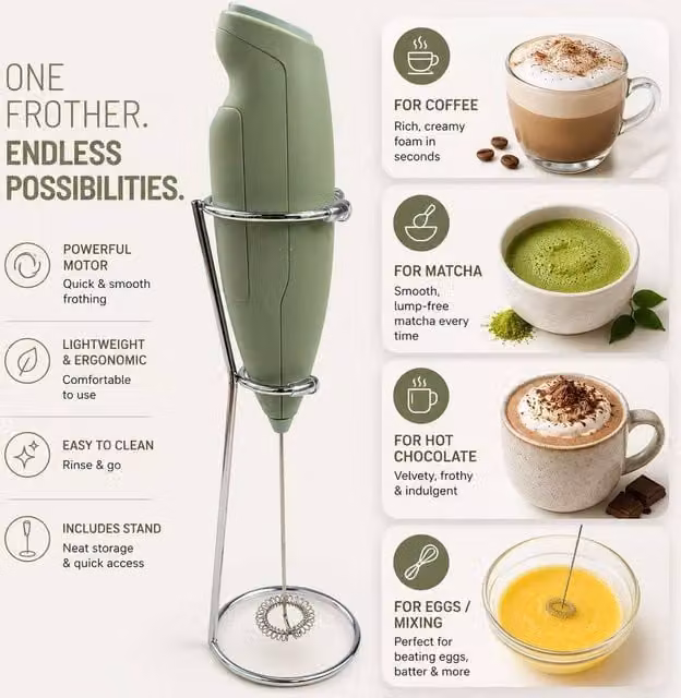 BluCore Wireless Electric Milk Frother and Mini Hand Whisk in Green