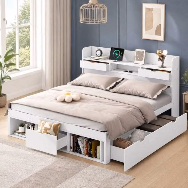 STILVORA Double Bed with USB Charging Port and Side Compartment Storage in White, W/D/H: 140 x 200 cm – 1
