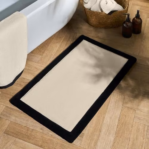 OHS Extra Soft Absorbent Foam Bath Mat with Non-Slip Border Trim, W/D/H: 75 x 45 x 2.54 cm, Beige/Black
