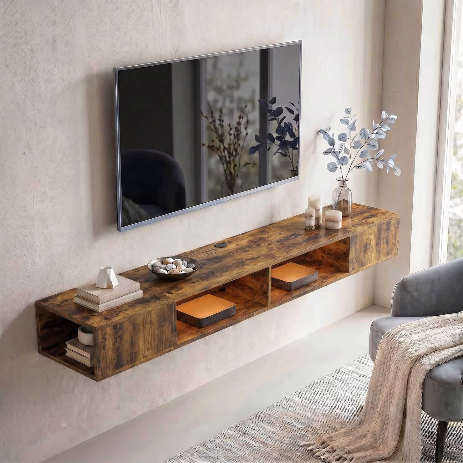 HOMCOM Wall Mounted TV Stand with RGB LED Lights, Floating Entertainment Centre for 75 Inch TV, Rustic Brown – 6